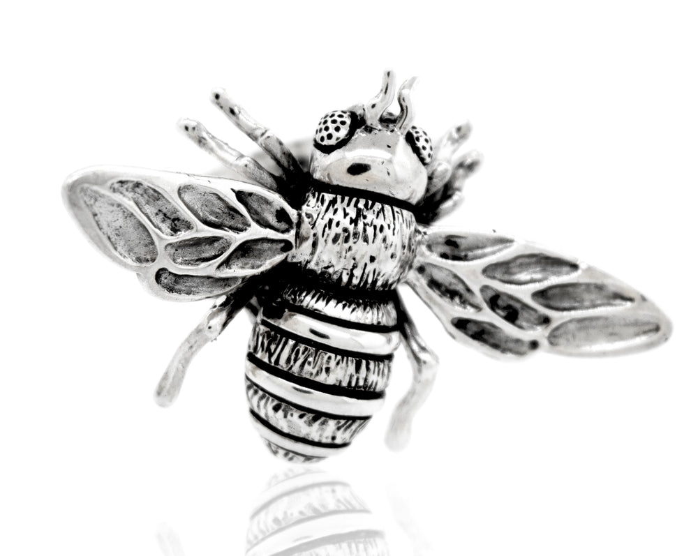 A handcrafted Super Silver Large Bee Ring on a white background.