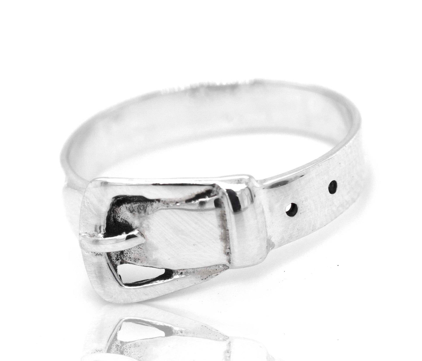 
                  
                    A sterling silver Belt Ring with a buckle on it, designed in the shape of a belt.
                  
                