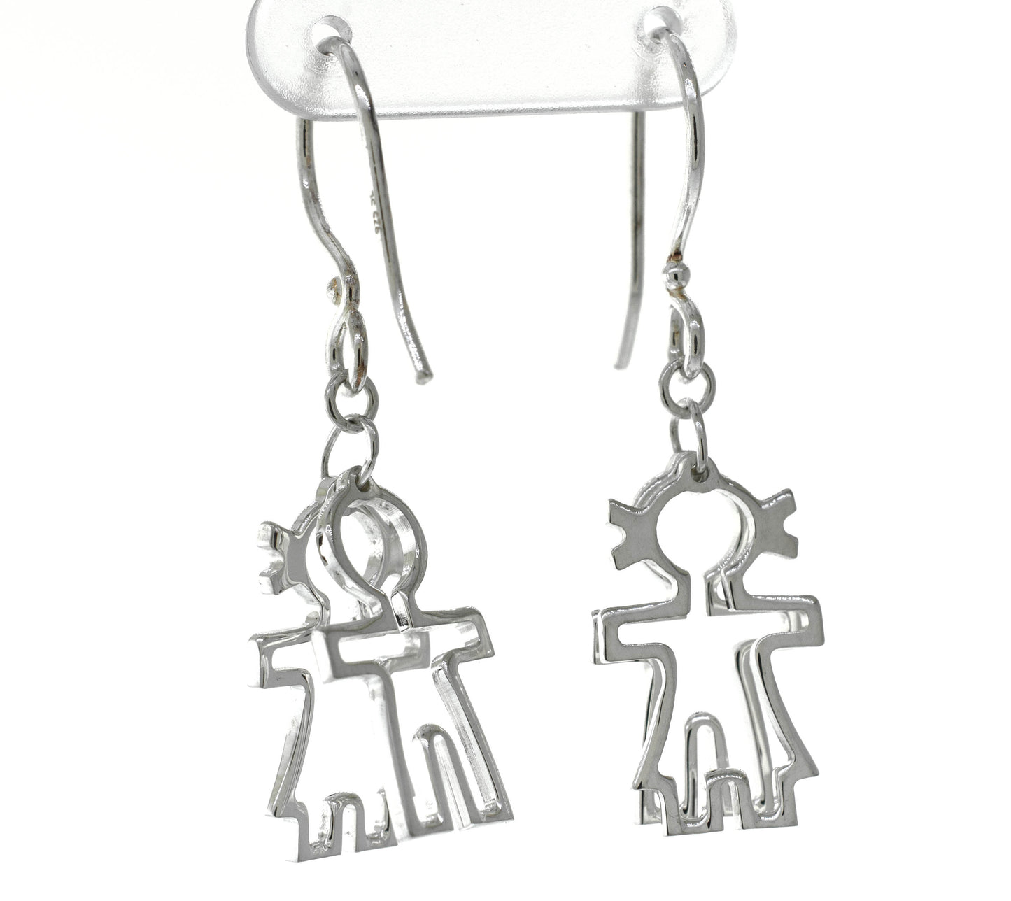 A pair of Super Silver Little Humans Earrings, featuring two people, symbolizing love and humanity.