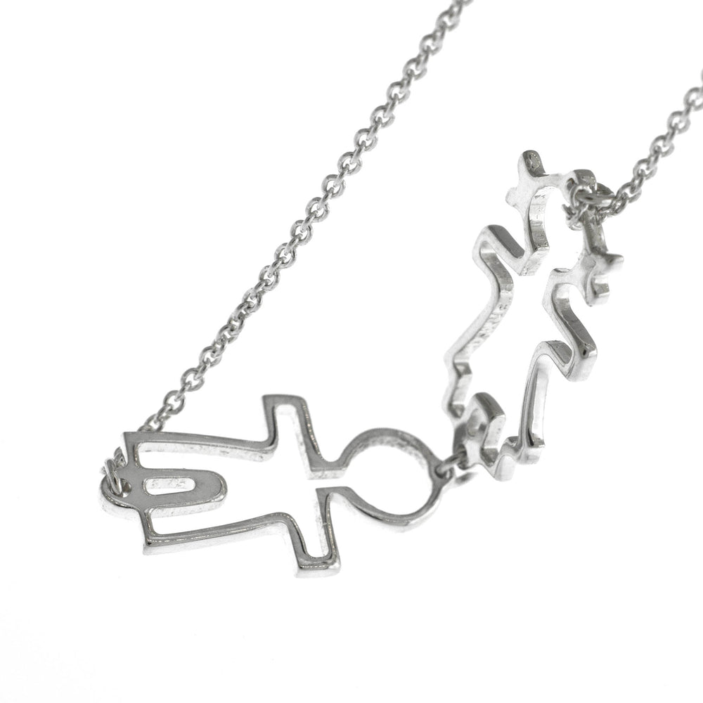 A Super Silver Little Humans Necklace with a couple of love figures on it.