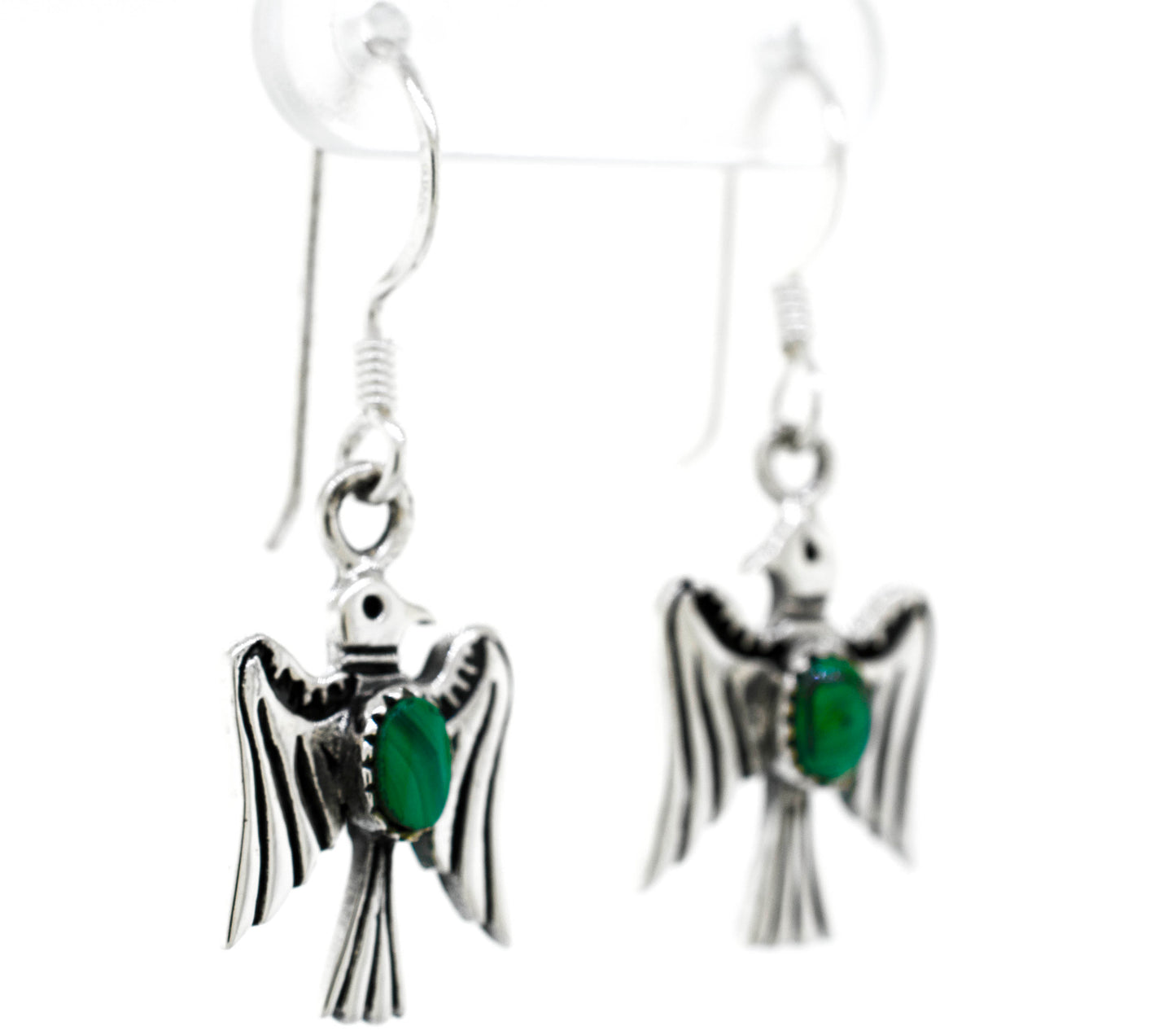 
                  
                    A pair of Super Silver Malachite Thunderbird Earrings featuring green malachite stones.
                  
                