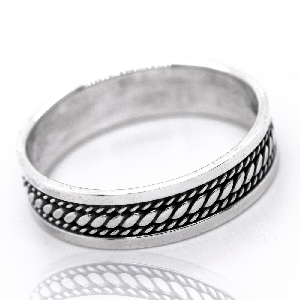 A wide silver Band with Etched Rope Pattern, perfect for everyday wear.