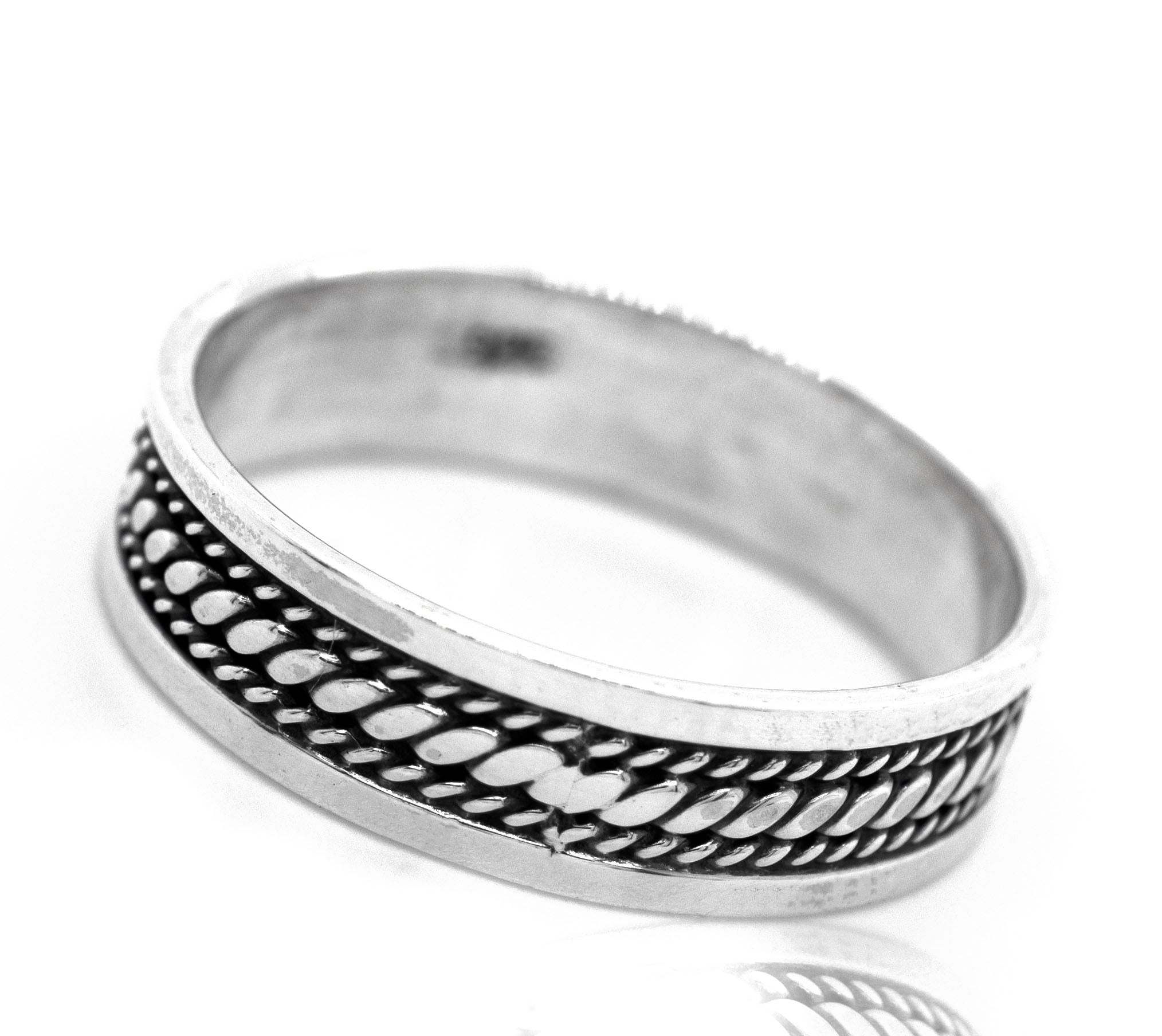A wide silver Band with Etched Rope Pattern, perfect for everyday wear.