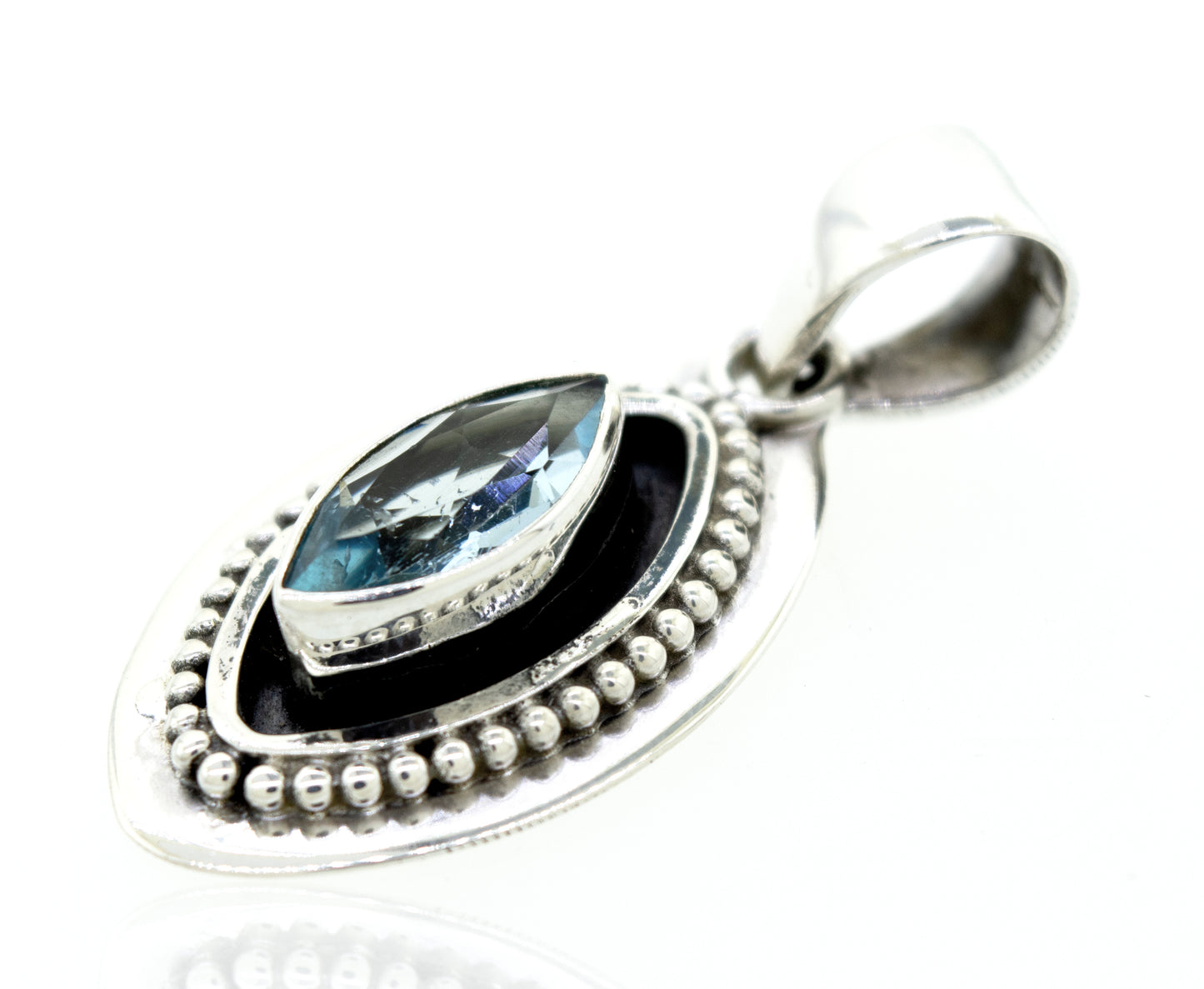 
                  
                    A beautiful Marquise Shaped Blue Topaz pendant with a beads design by Super Silver.
                  
                
