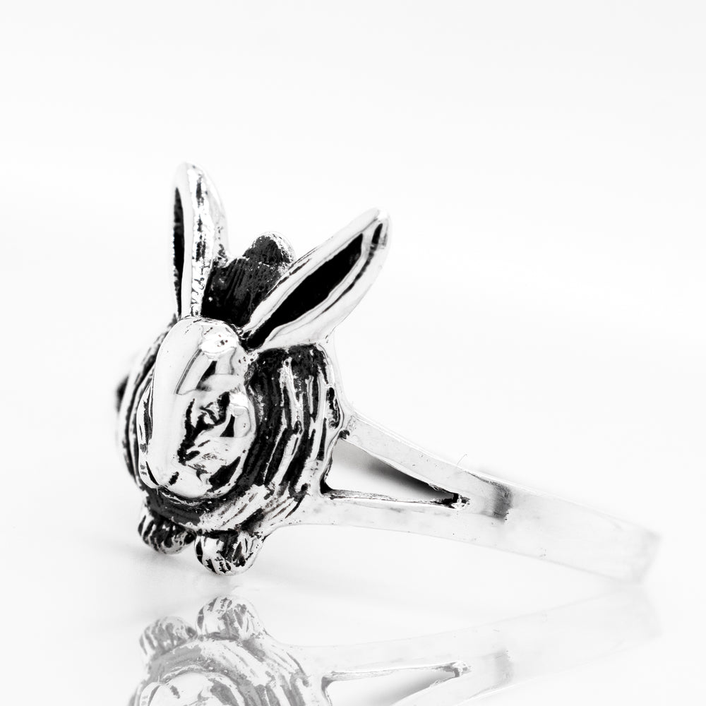 An oxidized sterling silver Rabbit Ring with a rabbit shape design by Super Silver.