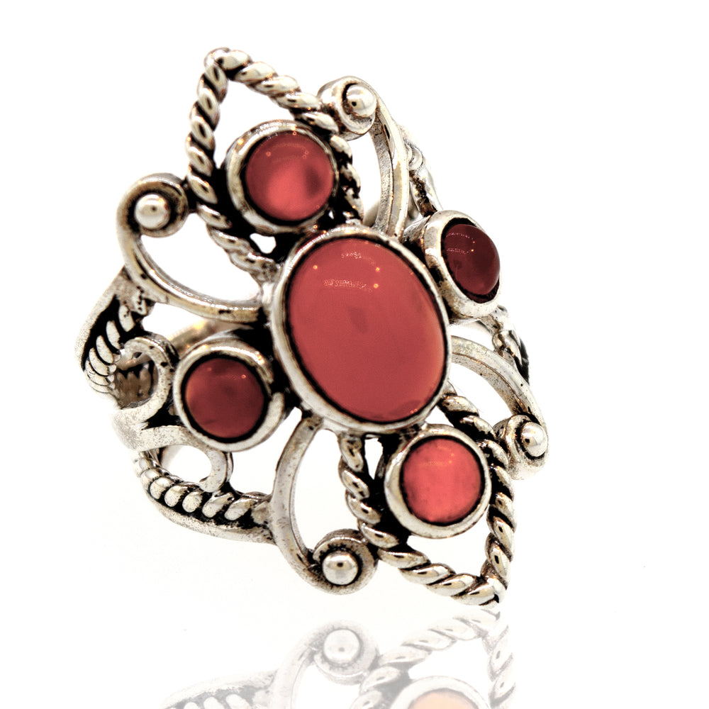 
                  
                    A Super Silver Online Only Exclusive Carnelian Ring with a carnelian crystal.
                  
                