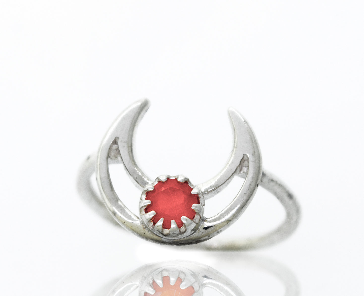 
                  
                    A Super Silver Online Only Exclusive Moon Design Carnelian Ring with a vibrant carnelian stone in a moon shape setting.
                  
                