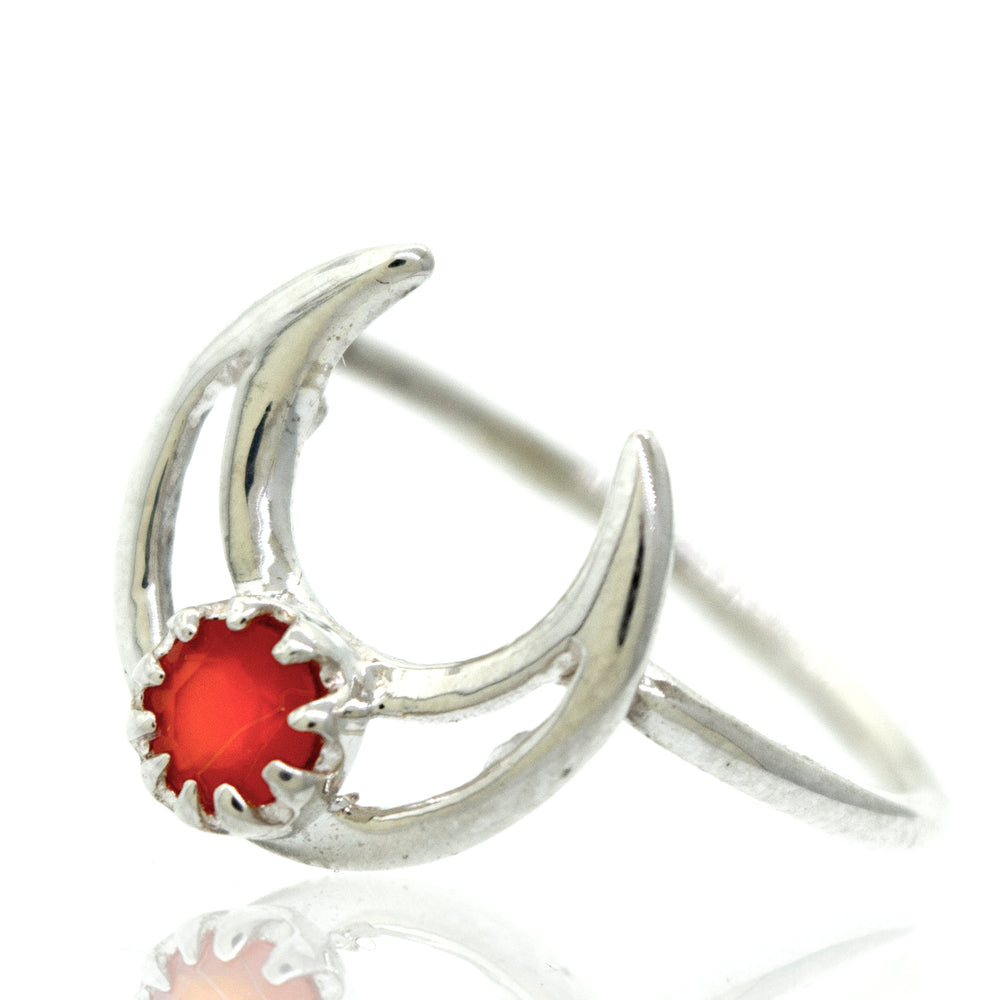 
                  
                    A Super Silver Online Only Exclusive Moon Design Carnelian Ring with a vibrant red stone.
                  
                