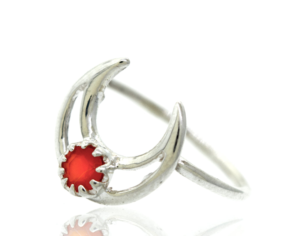 A Super Silver Online Only Exclusive Moon Design Carnelian Ring with a vibrant red stone.