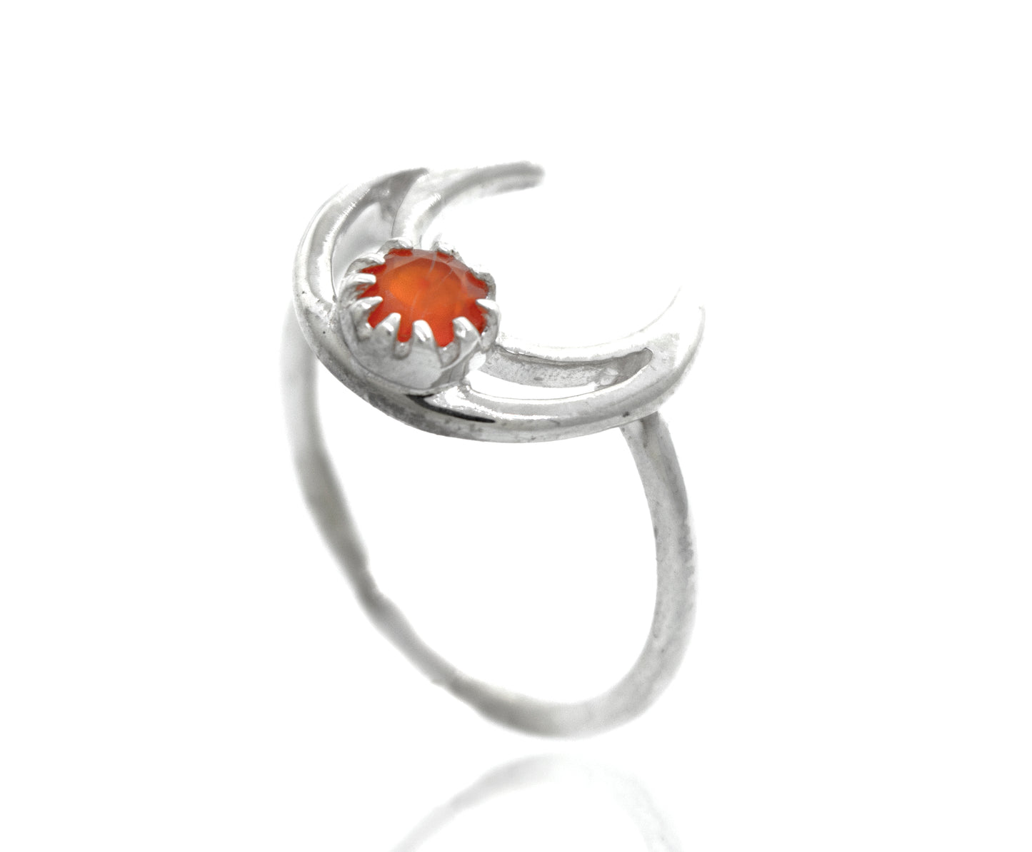 
                  
                    A Super Silver Online Only Exclusive Moon Design Carnelian Ring with a vibrant carnelian stone.
                  
                