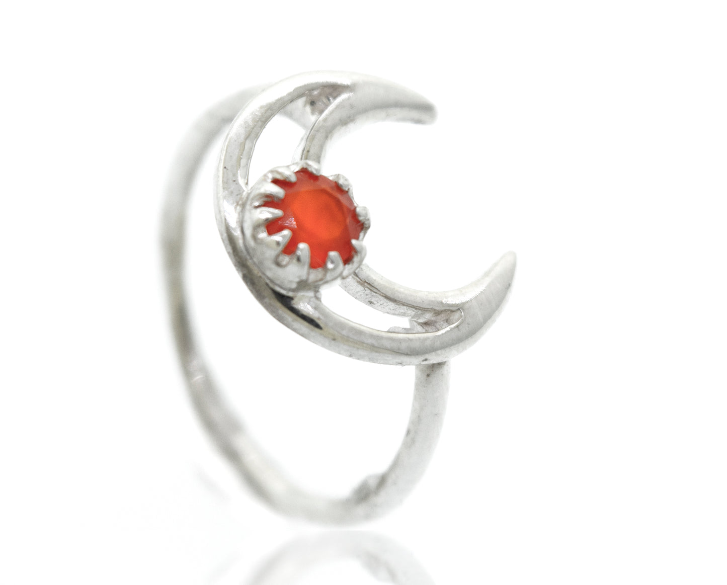 
                  
                    A Super Silver Online Only Exclusive Moon Design Carnelian Ring with a vibrant orange stone.
                  
                