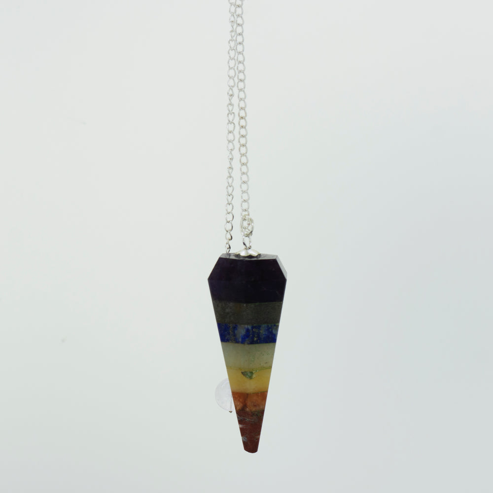 A colorful necklace with a Chakra Stones Pendulum hanging gracefully from a chain.