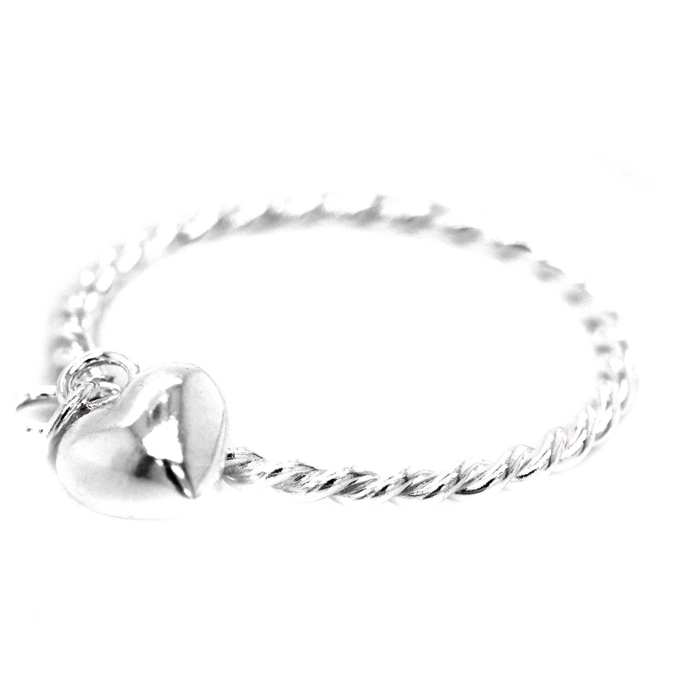 A minimalist-design Super Silver ring with the Heart Charm Ring With Rope Band perfect for stacking.