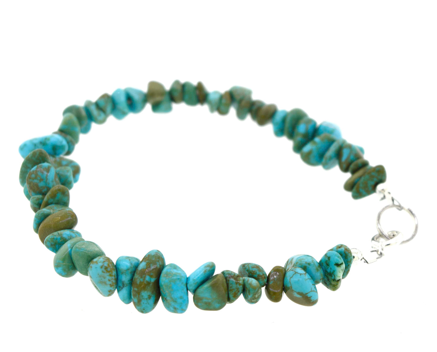 
                  
                    A Southwest Colorado Turquoise Chip Bracelet or Anklet with irregularly shaped beads and a .925 Sterling Silver clasp, radiating southwest charm.
                  
                
