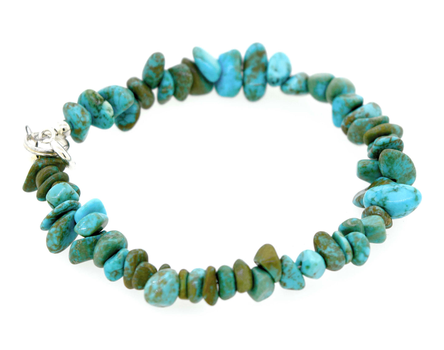 
                  
                    A Southwest Colorado Turquoise Chip Bracelet or Anklet made of irregularly shaped turquoise stones in varying shades of blue and green, arranged in a single strand with a .925 Sterling Silver clasp, exuding southwest charm.
                  
                