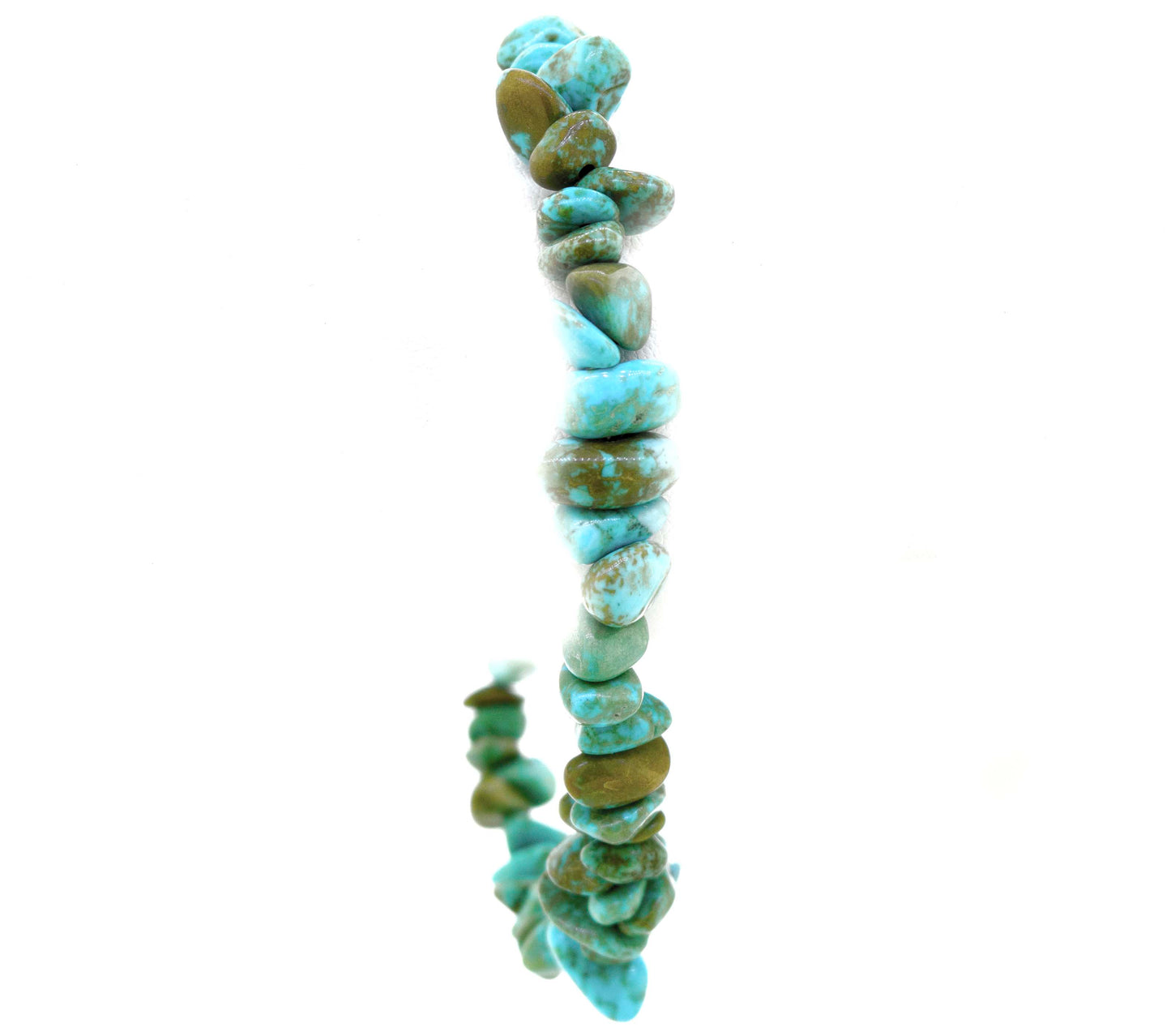 
                  
                    A string of irregularly shaped turquoise beads forming a Southwest Colorado Turquoise Chip Bracelet or Anklet against a white background, enhanced with .925 Sterling Silver accents for a touch of southwest charm.
                  
                