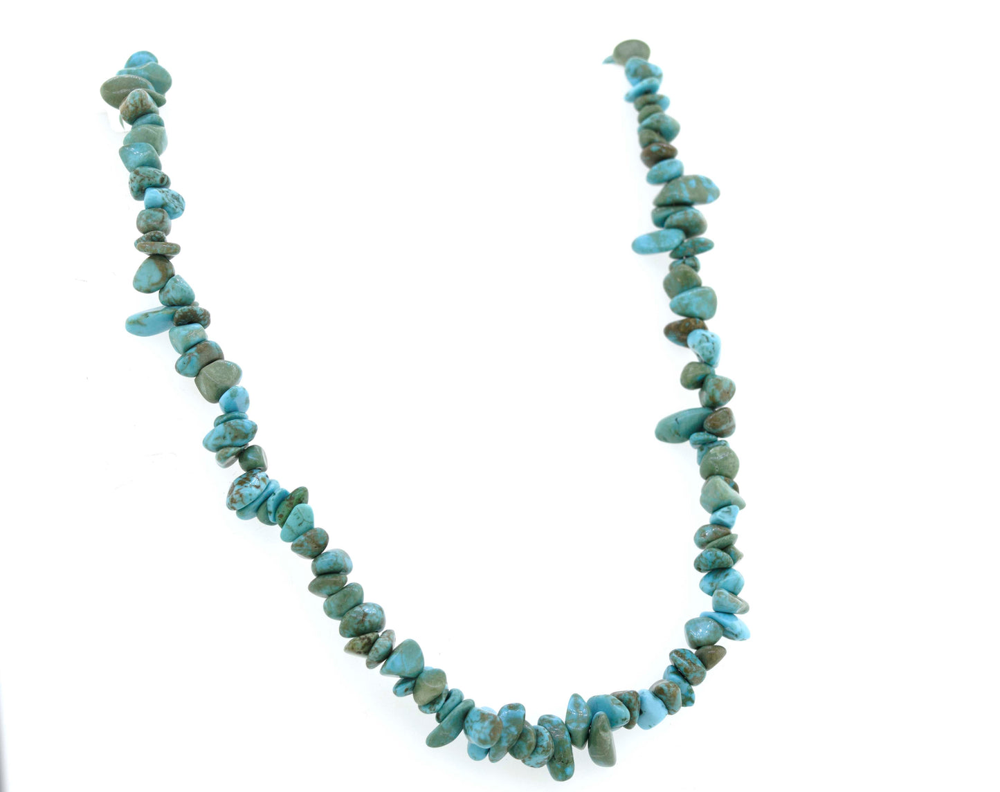 
                  
                    A Southwest Colorado Turquoise Chip Necklace with Colorado turquoise beads on a white background, by Super Silver.
                  
                