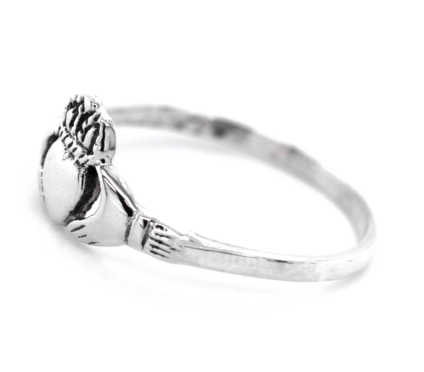 Celtic sterling silver Claddagh Ring, symbolizing love and featuring a heart design.