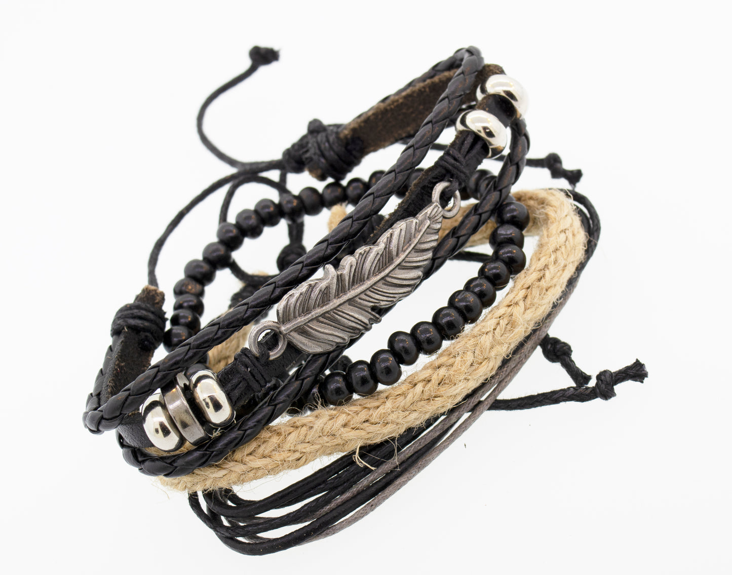An adjustable Super Silver black leather Multi Bracelet Set adorned with a feather and beads.