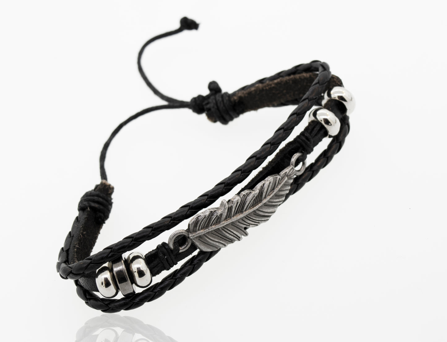 An adjustable black faux leather Multi Bracelet Set adorned with a silver bead and a feather from Super Silver.