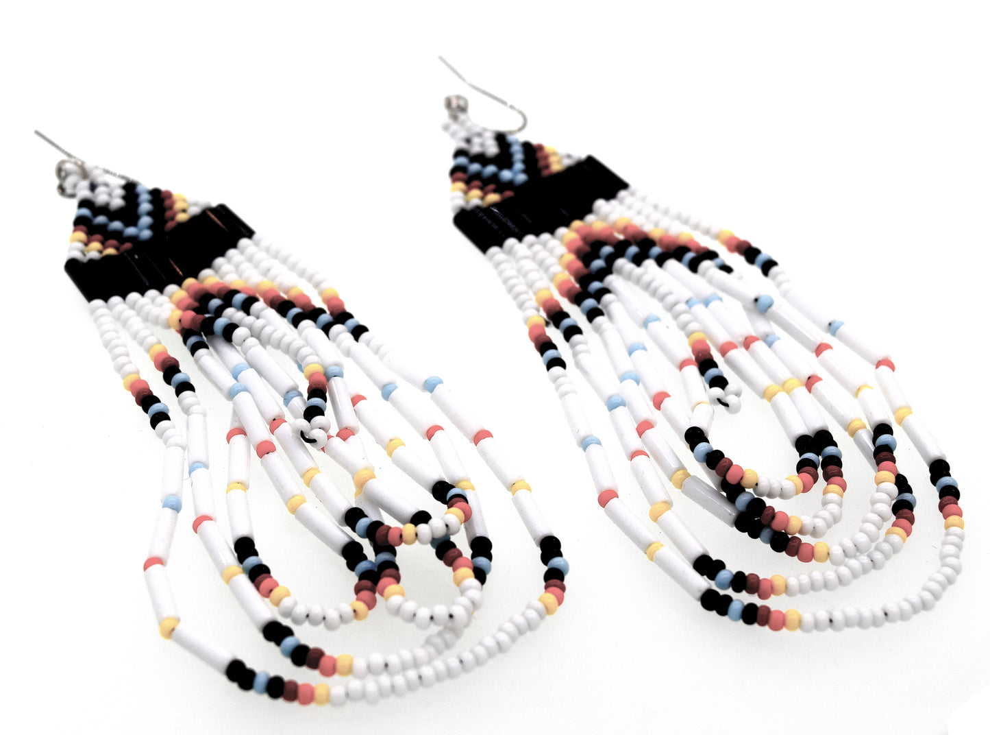 
                  
                    Super Silver Handmade Multi-Stone Beaded Dangle Earrings in white and multi colors, crafted with surgical steel.
                  
                