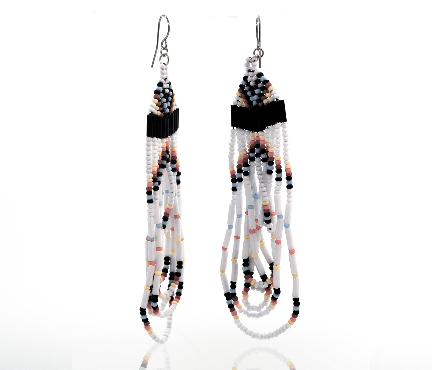 A pair of Super Silver Handmade Multi-Stone Beaded Dangle Earrings in black and white, crafted with surgical steel hooks, displayed on a white surface.