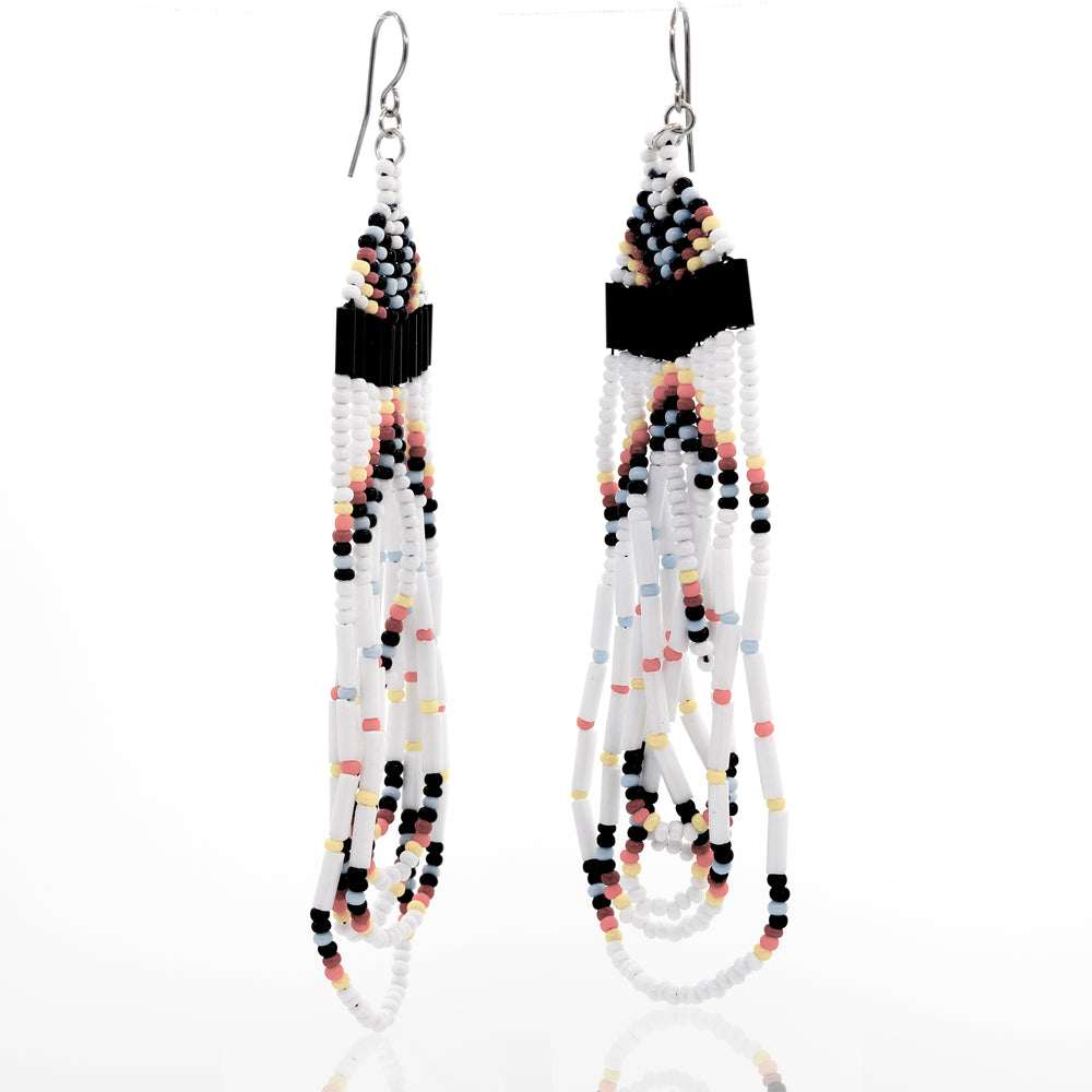 
                  
                    A pair of Super Silver Handmade Multi-Stone Beaded Dangle Earrings featuring black and white beads, handmade with surgical steel posts, showcased on a white surface.
                  
                