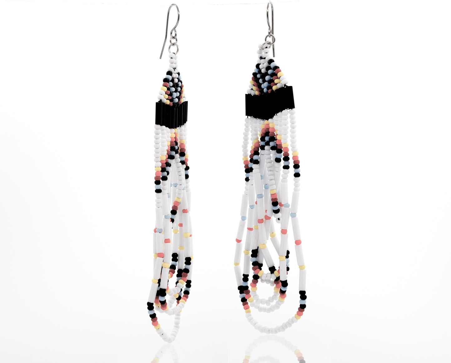 
                  
                    A pair of Super Silver Handmade Multi-Stone Beaded Dangle Earrings featuring black and white beads, handmade with surgical steel posts, showcased on a white surface.
                  
                