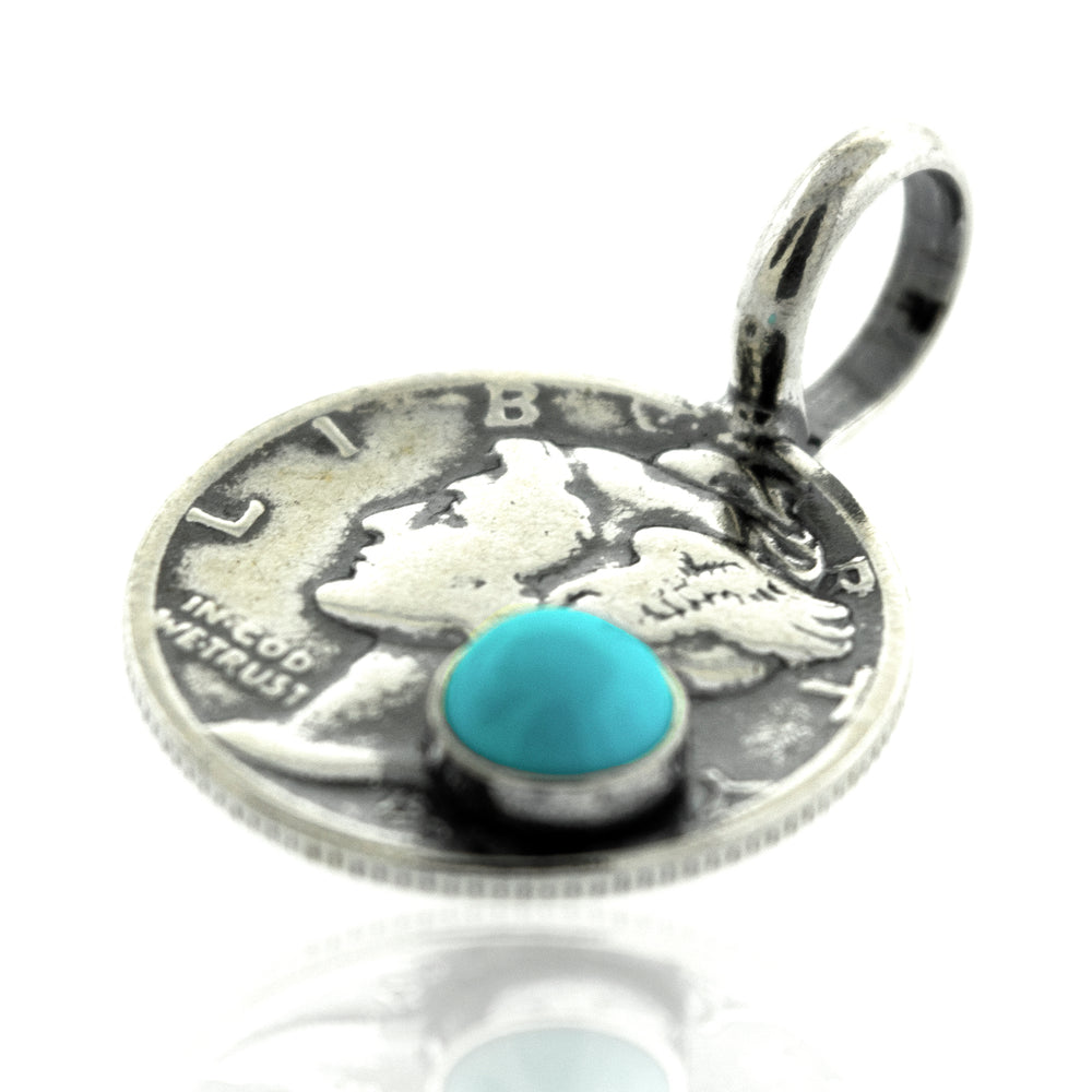 
                  
                    A Super Silver handmade Dime Pendant With A Round Turquoise stone.
                  
                