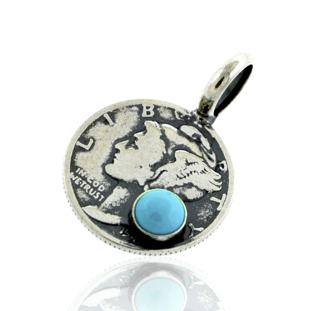
                  
                    A Super Silver Dime Pendant With A Round Turquoise stone.
                  
                