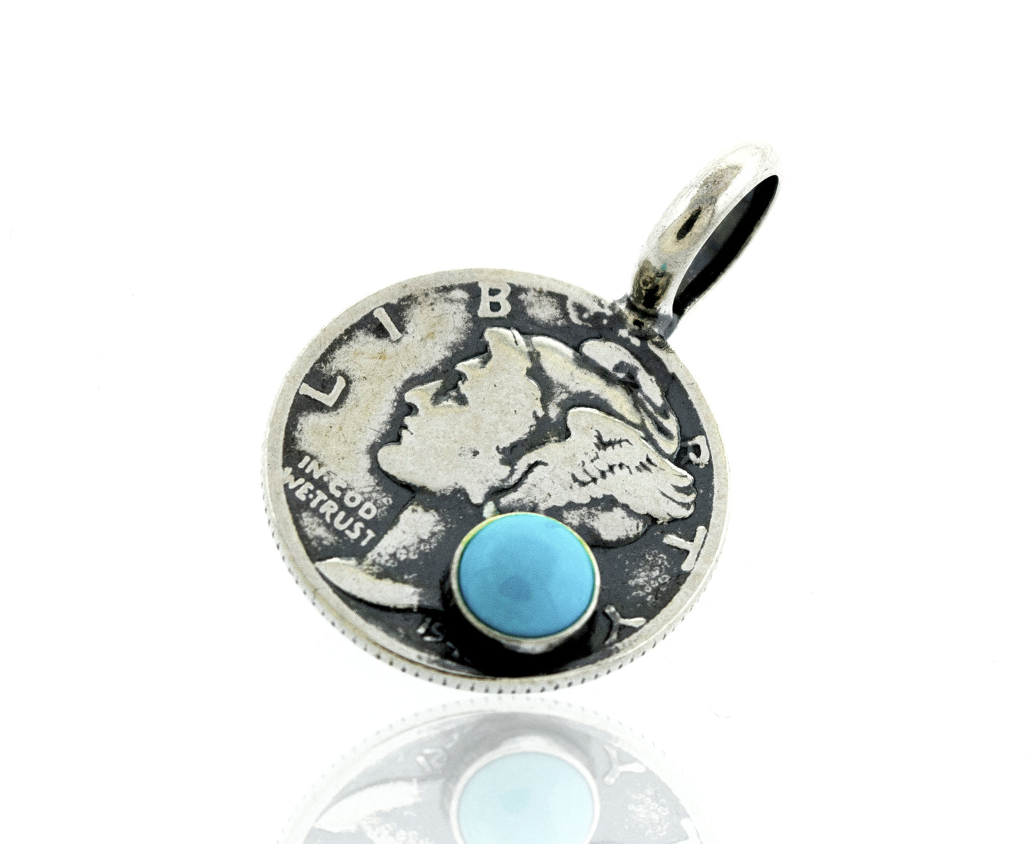 
                  
                    A Super Silver Dime Pendant With A Round Turquoise stone.
                  
                