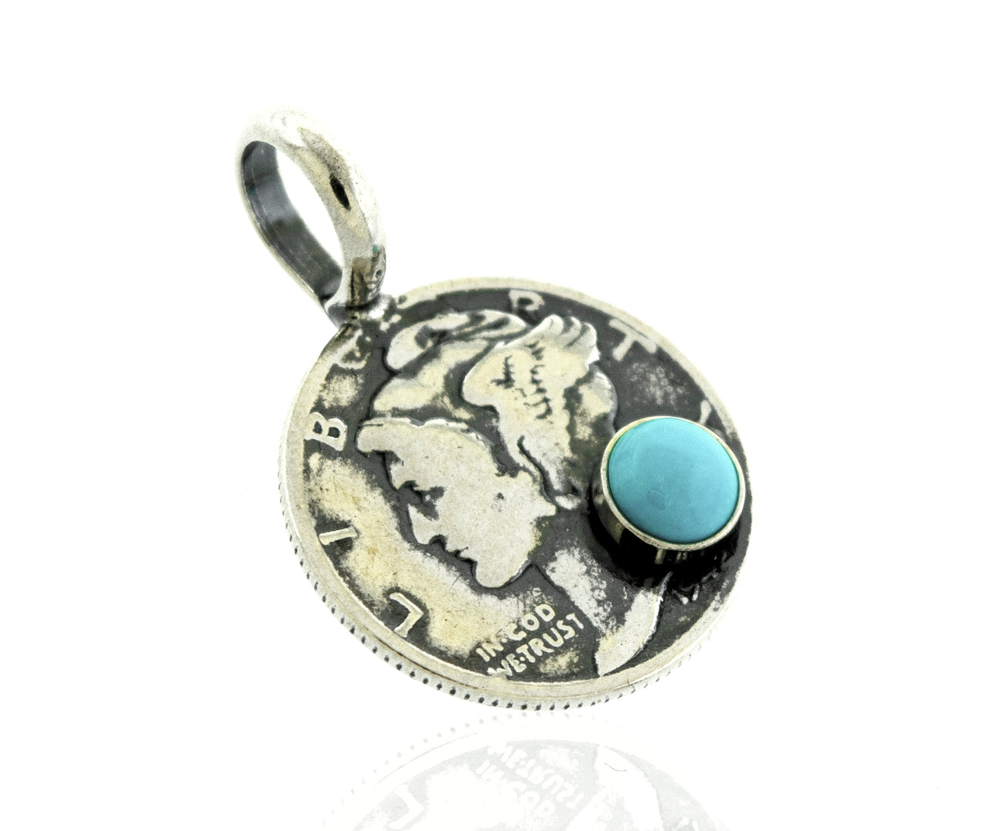 
                  
                    A Super Silver Dime Pendant With A Round Turquoise adorned with a turquoise stone.
                  
                
