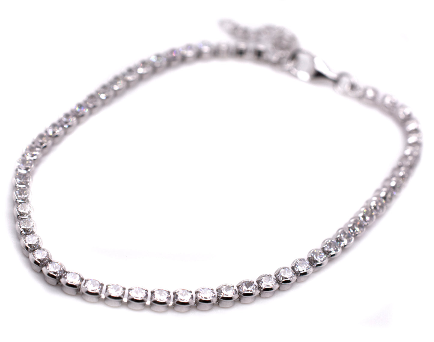 An elegant Super Silver Round Cubic Zirconia Tennis Bracelet, featuring a dainty cubic zirconia tennis design.