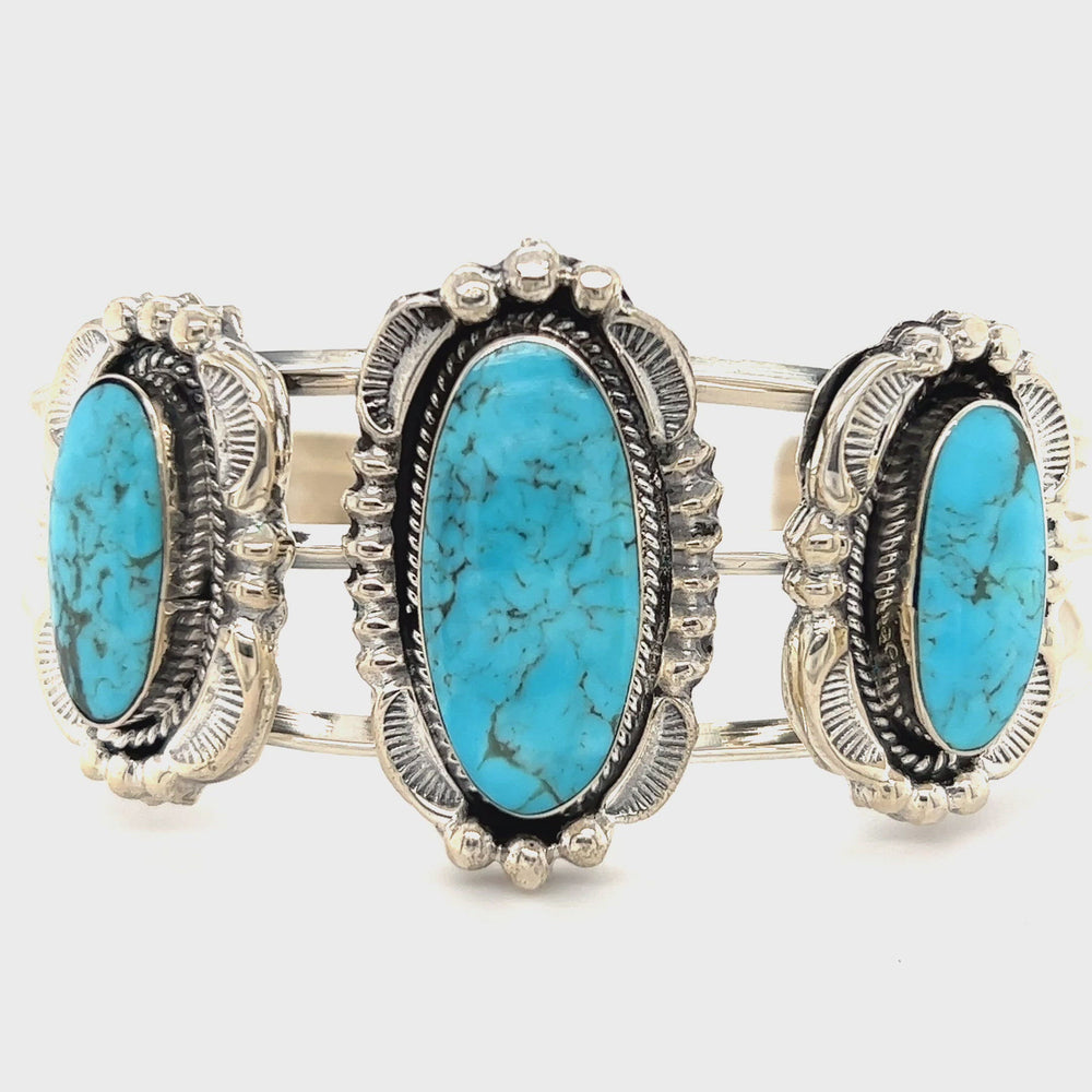 
                  
                    Load and play video in Gallery viewer, Native American Cuff with Three Stunning Turquoise Stones
                  
                