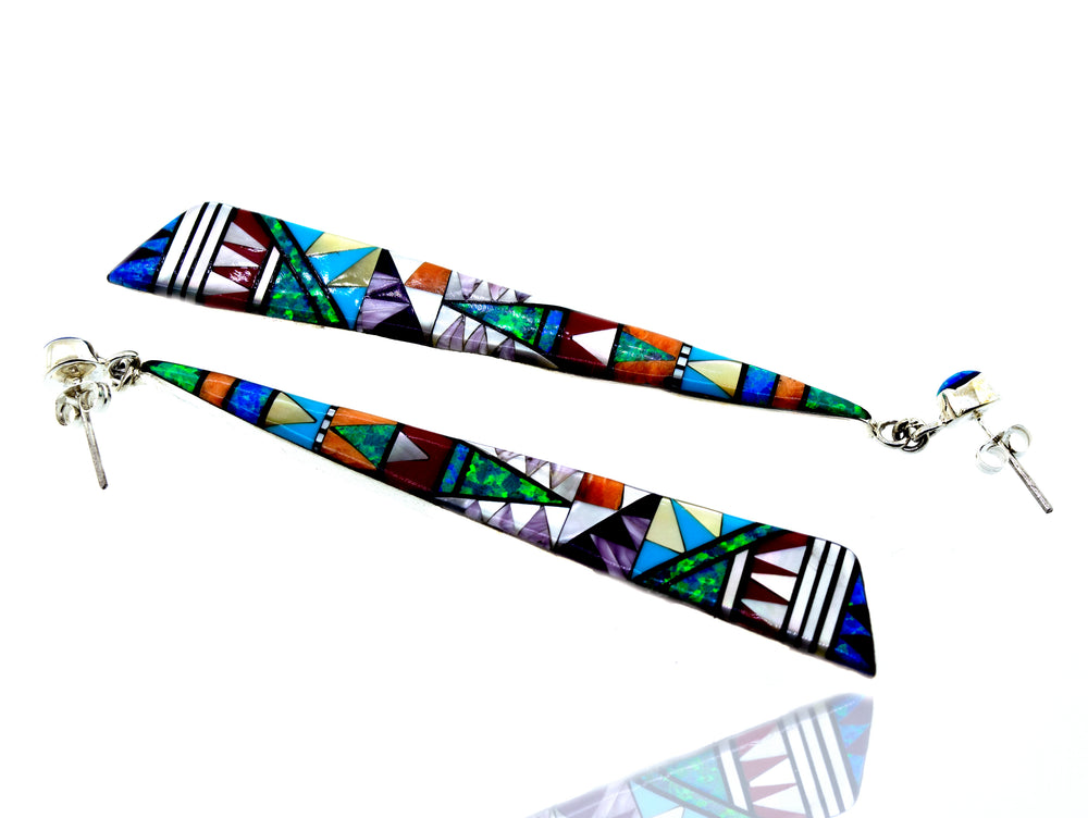 Super Silver's handcrafted Elongated Triangle Earrings with colorful geometric designs.