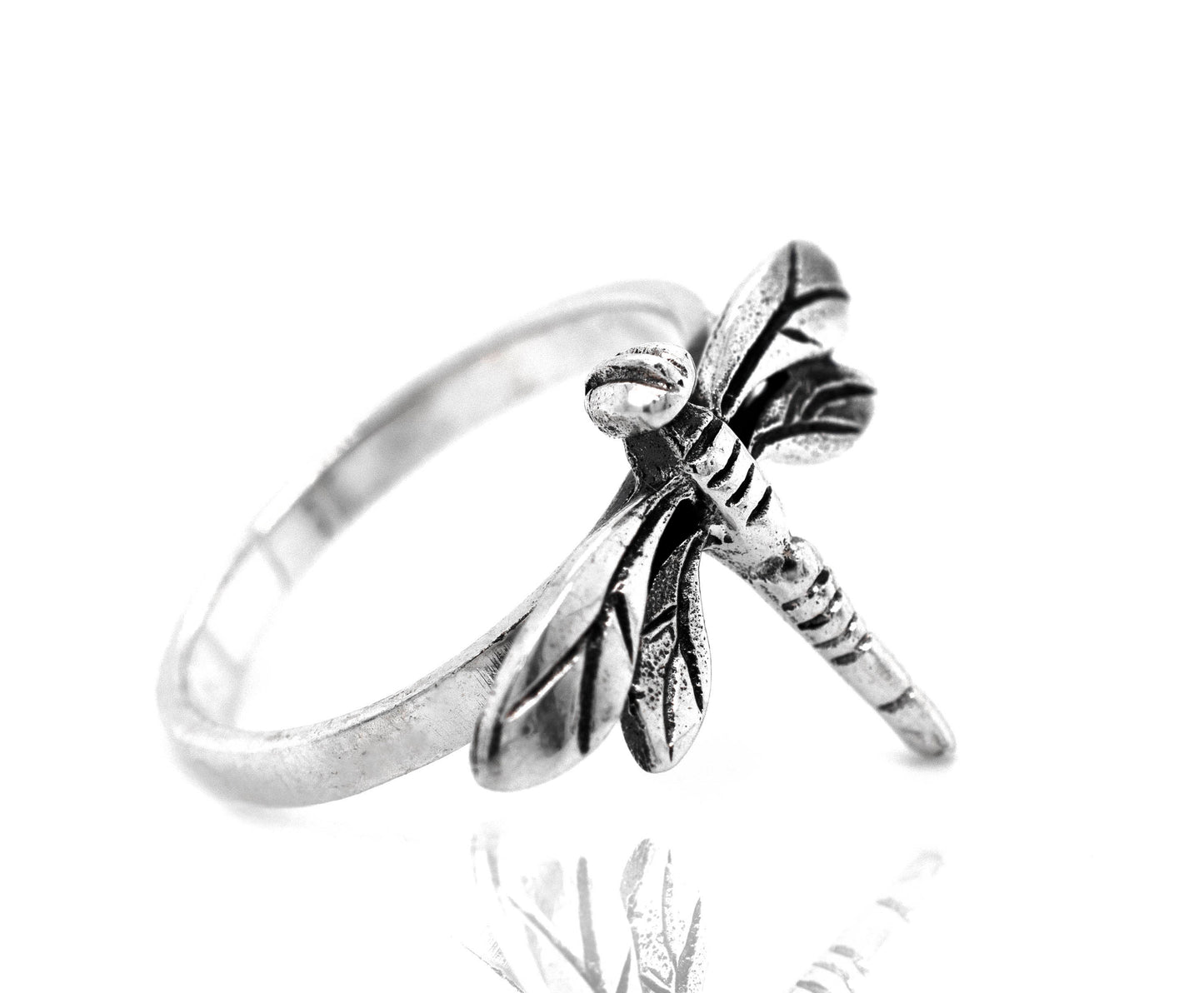 
                  
                    A Brilliant Silver Dragonfly Ring on a white background.
                  
                