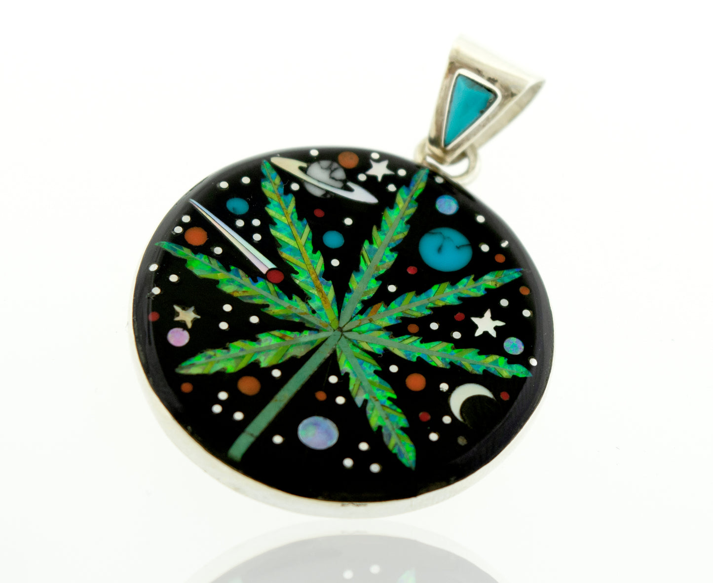 
                  
                    A black and white Handcrafted Mary Jane Outer space Pendant with a marijuana leaf on it in a psychedelic space design by Super Silver.
                  
                