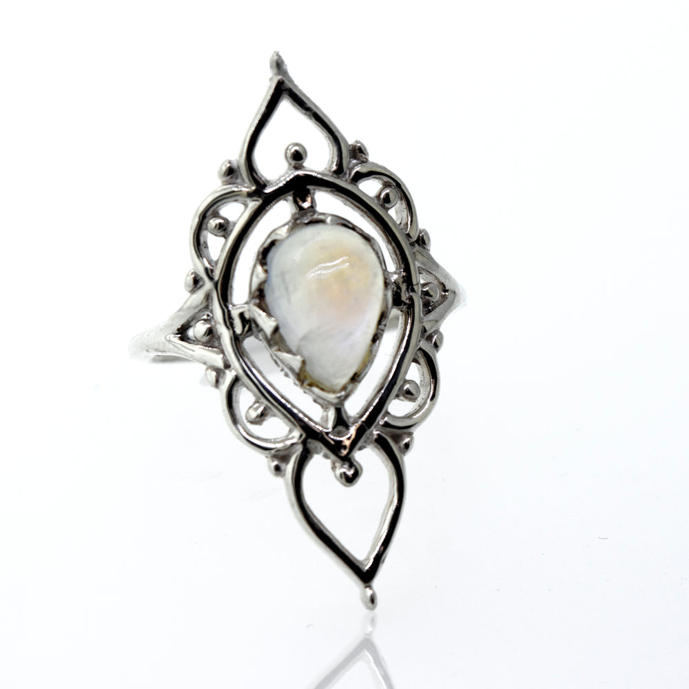A Super Silver designer moonstone ring featuring a white mother of pearl stone.