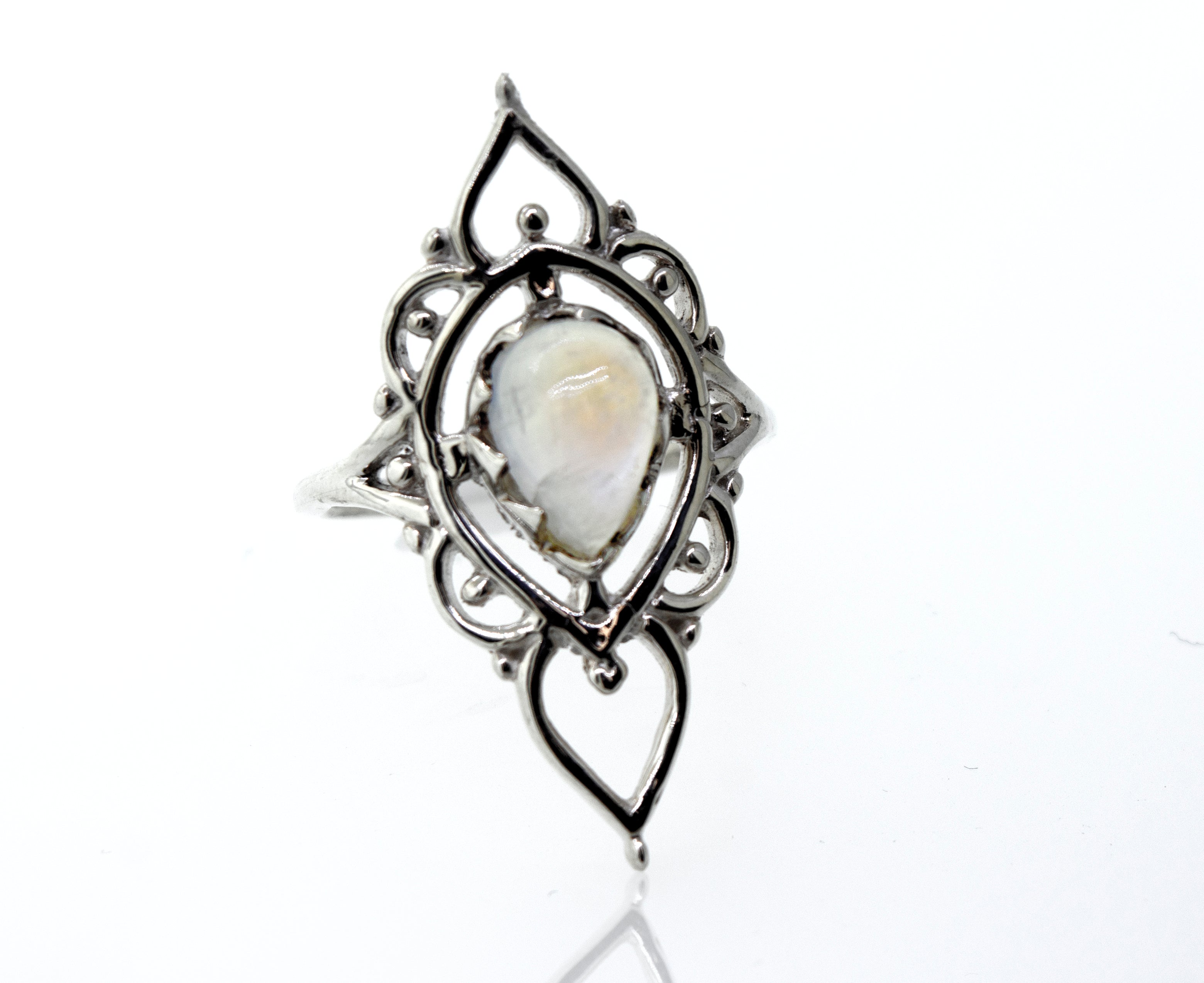 A Super Silver designer moonstone ring featuring a white mother of pearl stone.