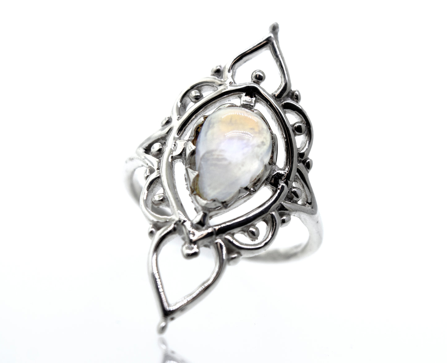 A Super Silver designer sterling silver ring with a moonstone in the center.