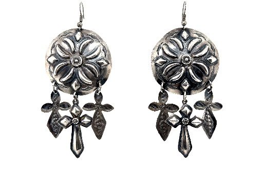 Super Silver Handcrafted Silver Concho Earrings meet vintage-styled beauty adorned with a cross.