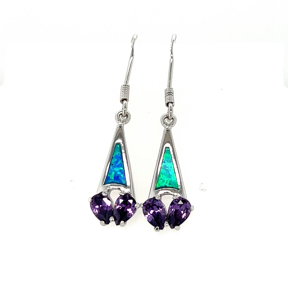 Super Silver Created Opal Earrings with Purple Cubic Zirconia.