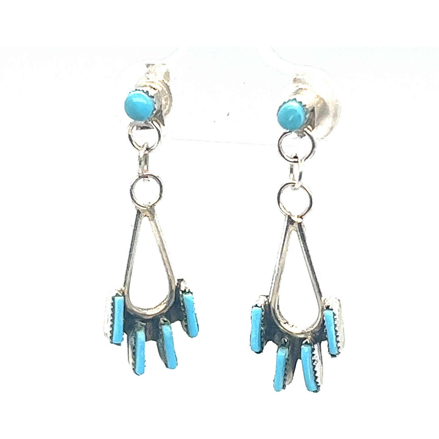 A pair of Super Silver Delicate Needlepoint Zuni Turquoise Earrings.