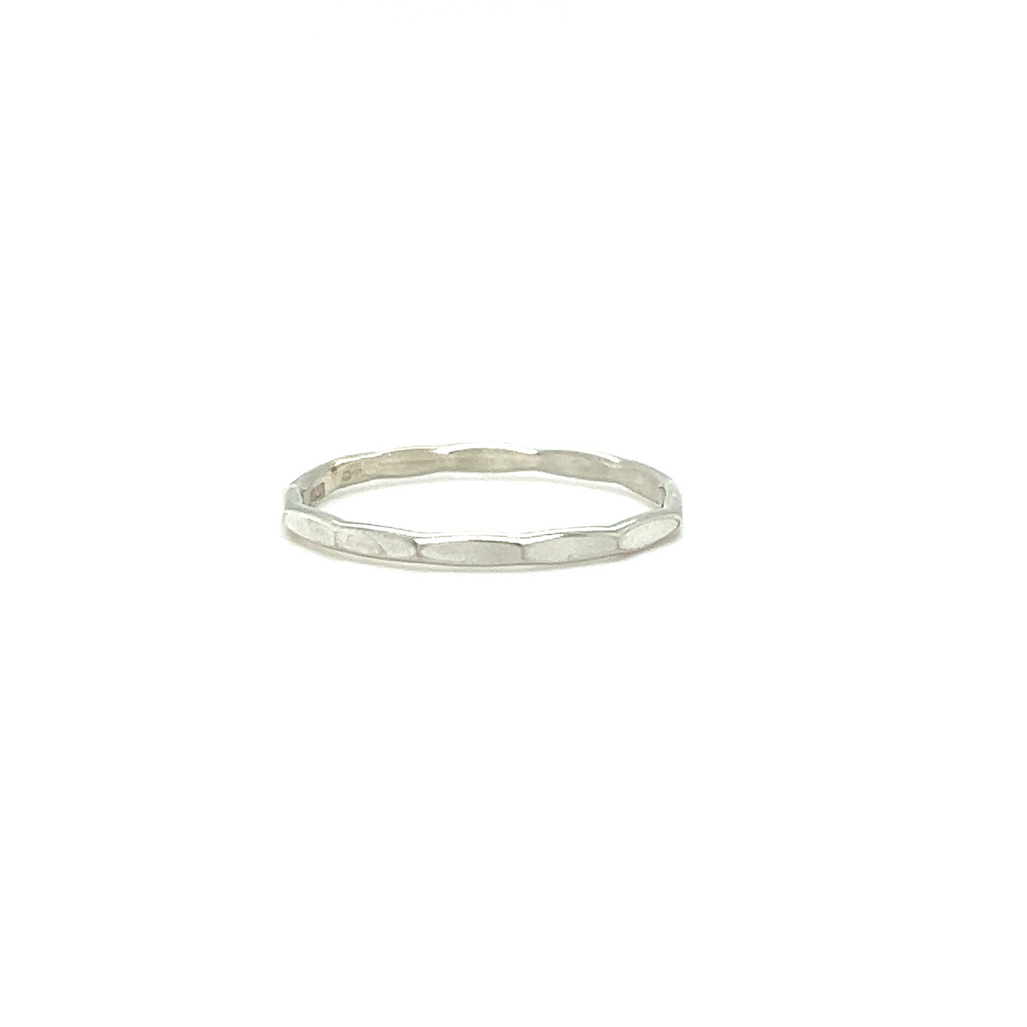 A Diamond Cut Minimalist Silver Band with a curved edge on a white background.