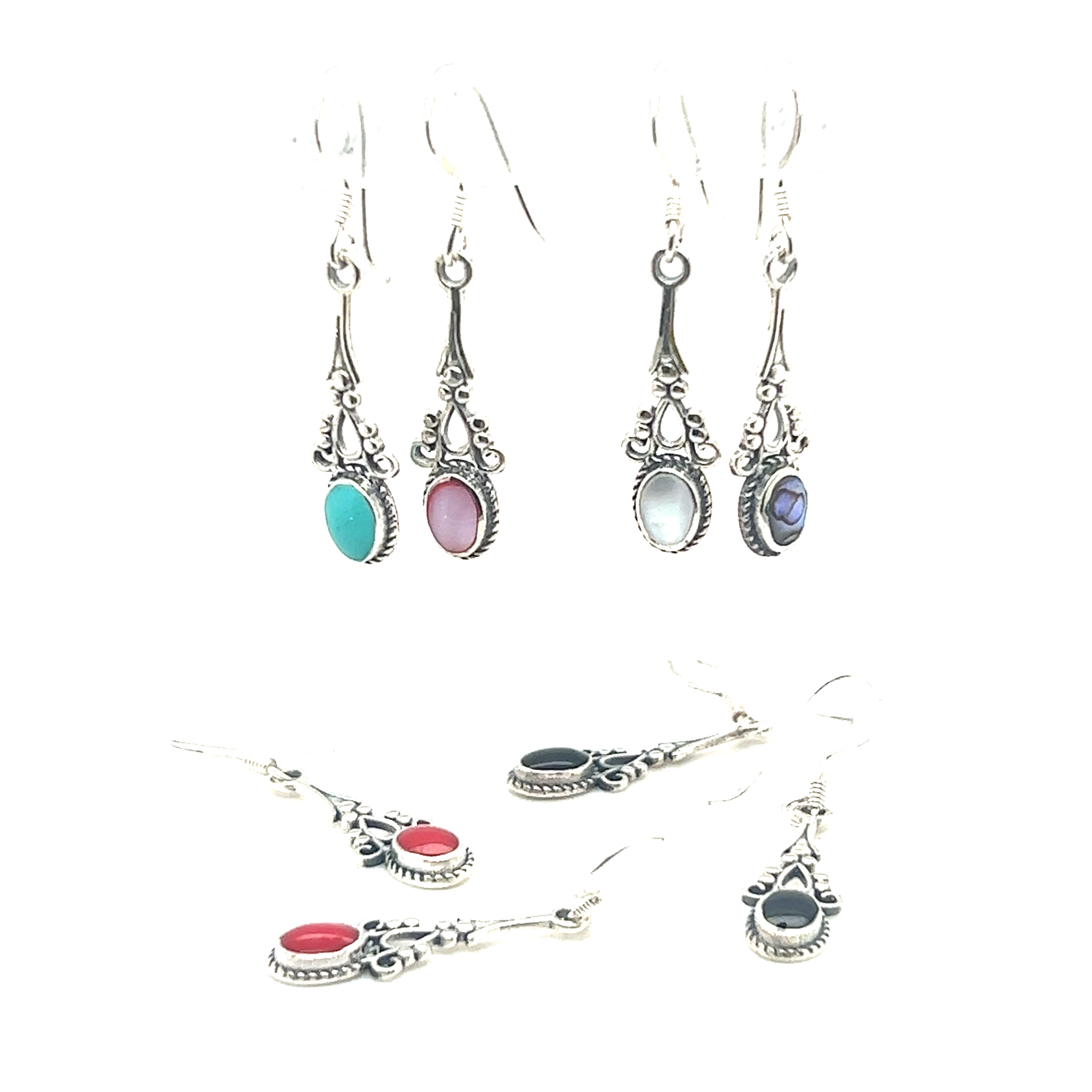 A pair of Super Silver Oval Shaped Inlaid Stone Earrings with Delicate Vintage Setting, perfect for achieving a boho look.