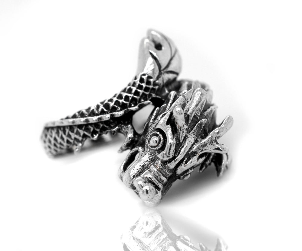 A mythical Striking Silver Dragon Ring for men.