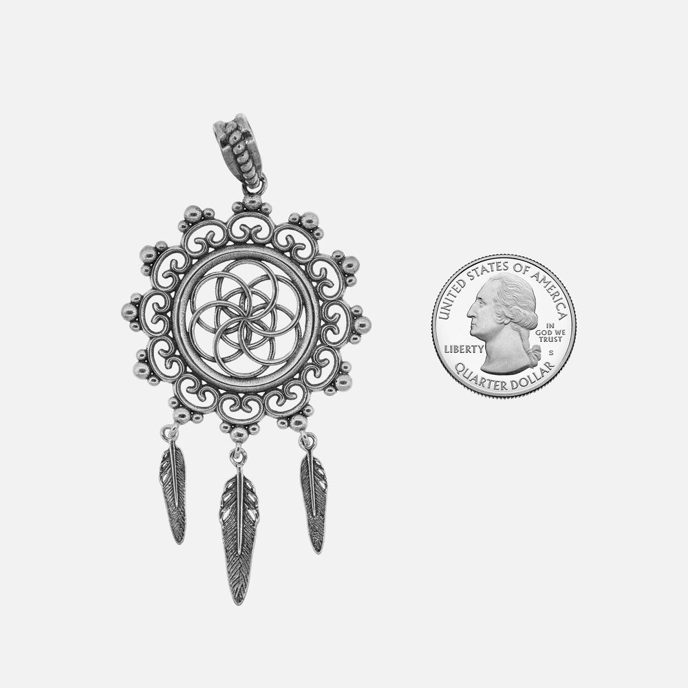 
                  
                    A long Flower of Life Mandala Pendant with feathers and a quarter, made of .925 Sterling Silver by Super Silver.
                  
                