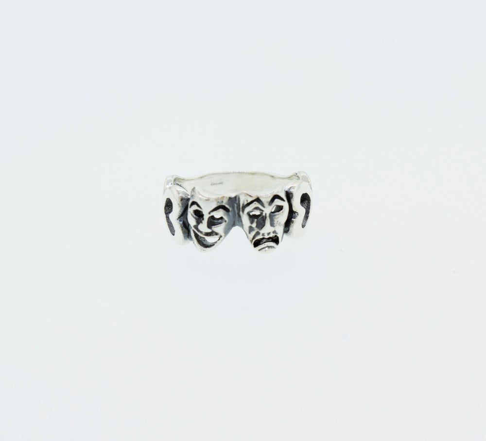 A Super Silver Comedy and Tragedy Ring, made of .925 silver, featuring three faces.