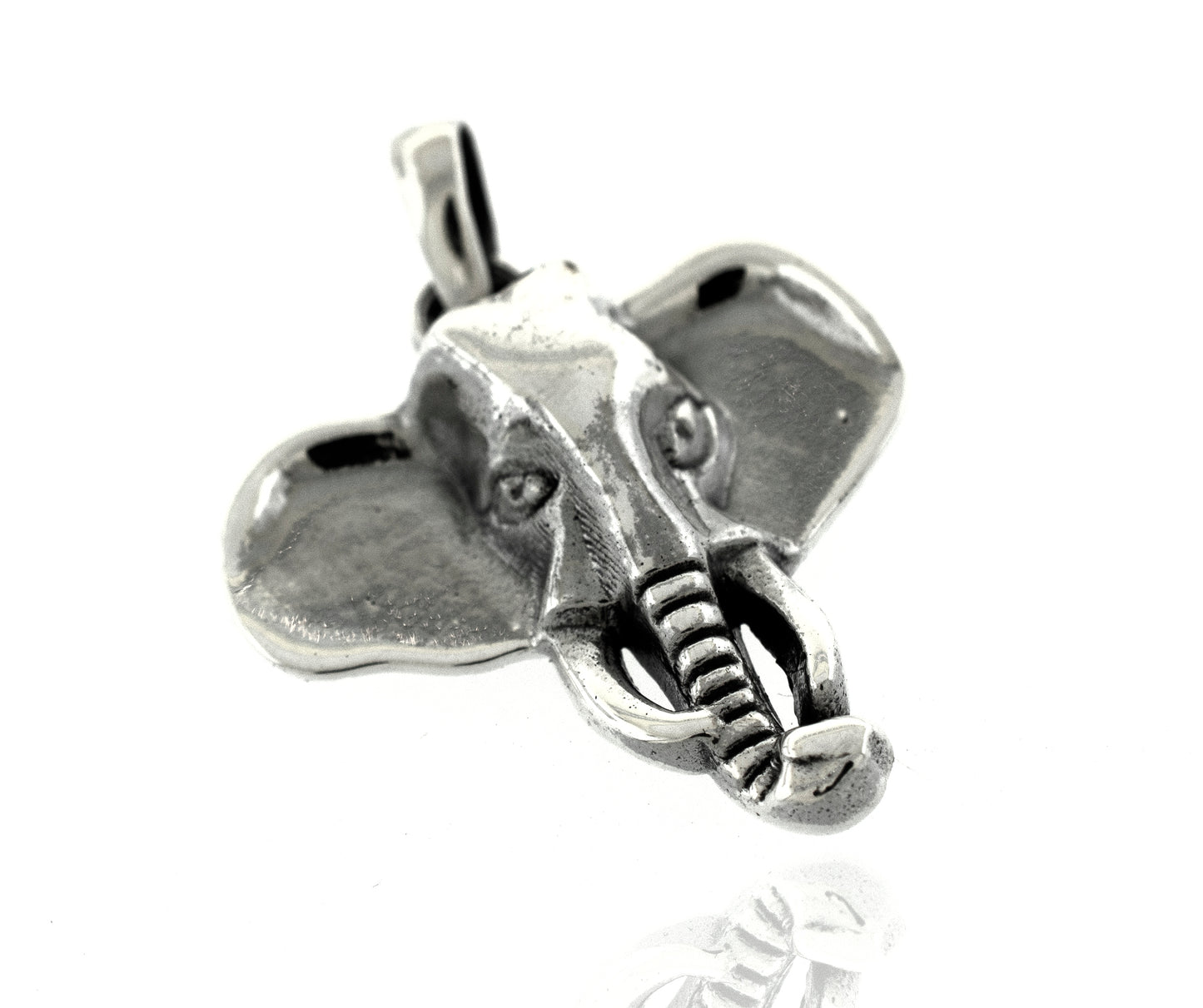A symbolically meaningful Super Silver Striking Elephant Head Pendant on a white background.