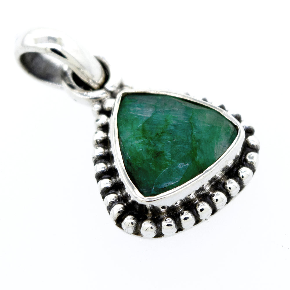 A Beautiful Triangular Shape Emerald Pendant With Beads Design in a Super Silver setting.